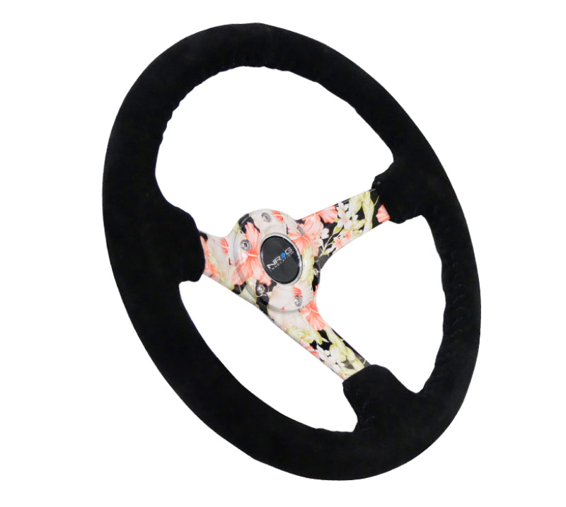 NRG Reinforced Steering Wheel Black Suede Floral Dipped with Black Baseball Stitch (350mm / 3in Deep) - OneFastShop