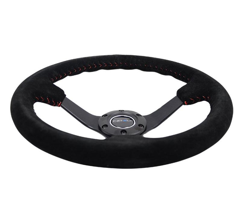 Nrg Reinforced Steering Wheel Blk Suede/Red BBall Stitch - 350mm/3in Deep - 5mm Matte Blk Spokes - OneFastShop