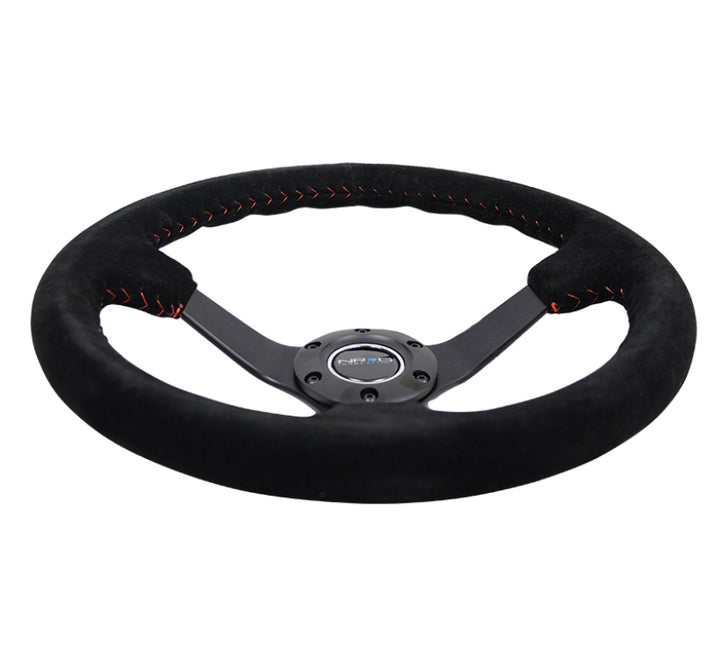 Nrg Reinforced Steering Wheel Blk Suede/Red BBall Stitch - 350mm/3in Deep - 5mm Matte Blk Spokes - OneFastShop