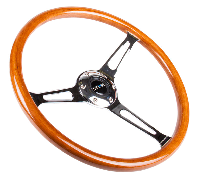 NRG Steering Wheel Classic Wood Grain with Chrome Cutout 360mm 3-Spoke - OneFastShop