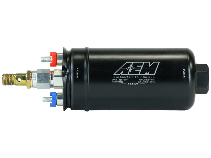 AEM 400LPH High Pressure Inline Fuel Pump - M18x1.5 Female Inlet to M12x1.5 Male Outlet.