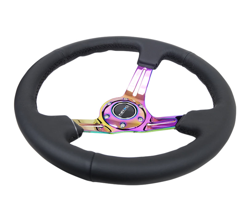 NRG Reinforced Steering Wheel 350mm 3in Deep Black Leather Black Stitch with Neochrome Slits