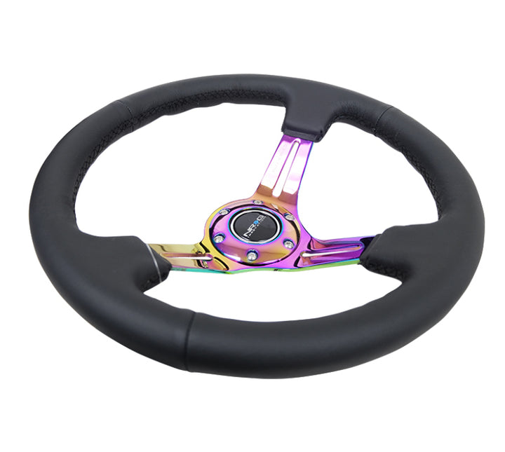 NRG Reinforced Steering Wheel 350mm 3in Deep Black Leather Black Stitch with Neochrome Slits - OneFastShop