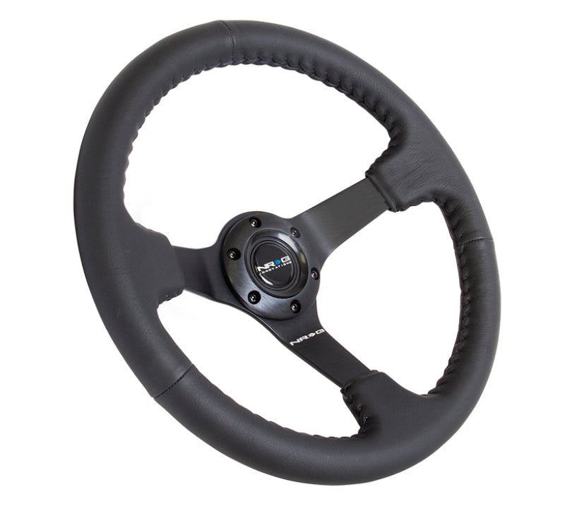 NRG Steering Wheel Reinforced 350mm 3in. Deep Black Leather with Black Basketball Stitch (Odi Bakchis Edition) - OneFastShop