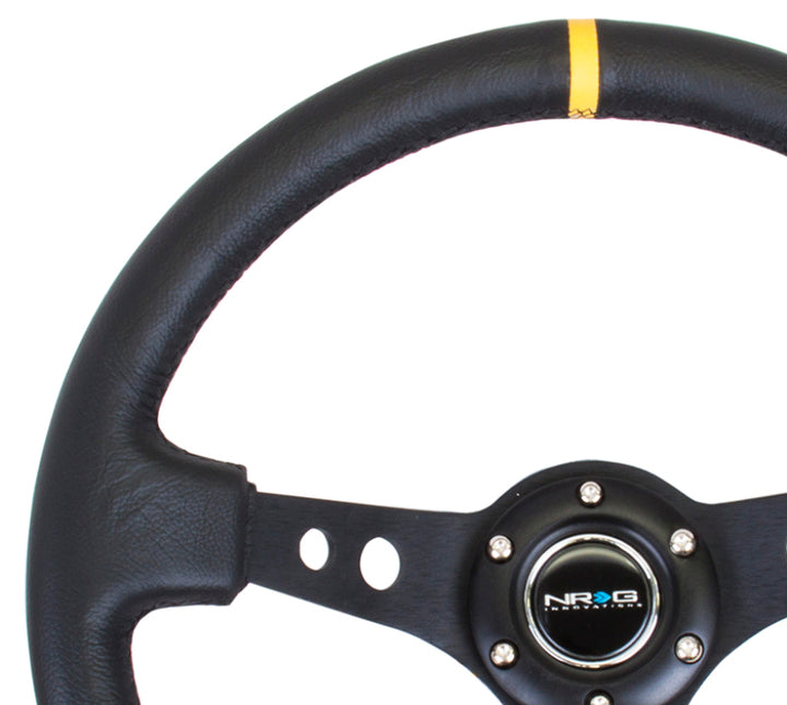 NRG Steering Wheel 350mm 3in Deep Black Leather with Black Cutout Spoke Yellow Center - Compatible with Various Vehicles - OneFastShop