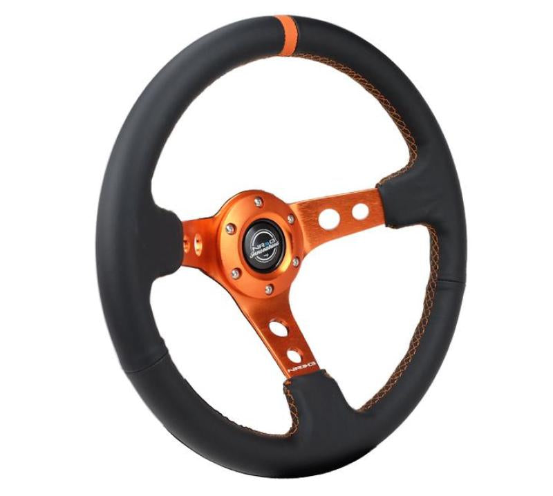 Nrg Steering Wheel, Reinforced (350mm/3in Deep) Black Leather, Orange Center Mark, Orange Stitching