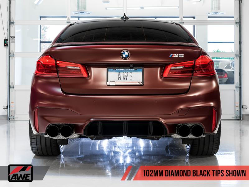 AWE Tuning 18-19 BMW F90 M5 SwitchPatch Cat-Back Exhaust- Black Diamond Tips.