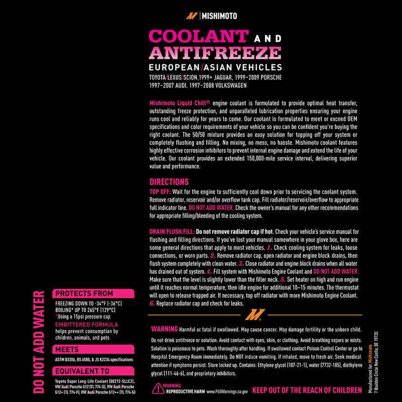 Mishimoto Liquid Chill EG Coolant Pink Red European Asian - OneFastShop