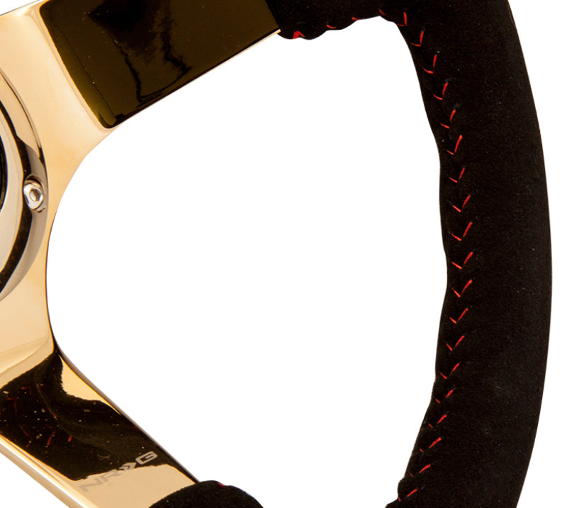 NRG Steering Wheel Reinforced 350mm 3in Deep Black Suede Red BBall Stitch Chrome Gold 3-Spoke