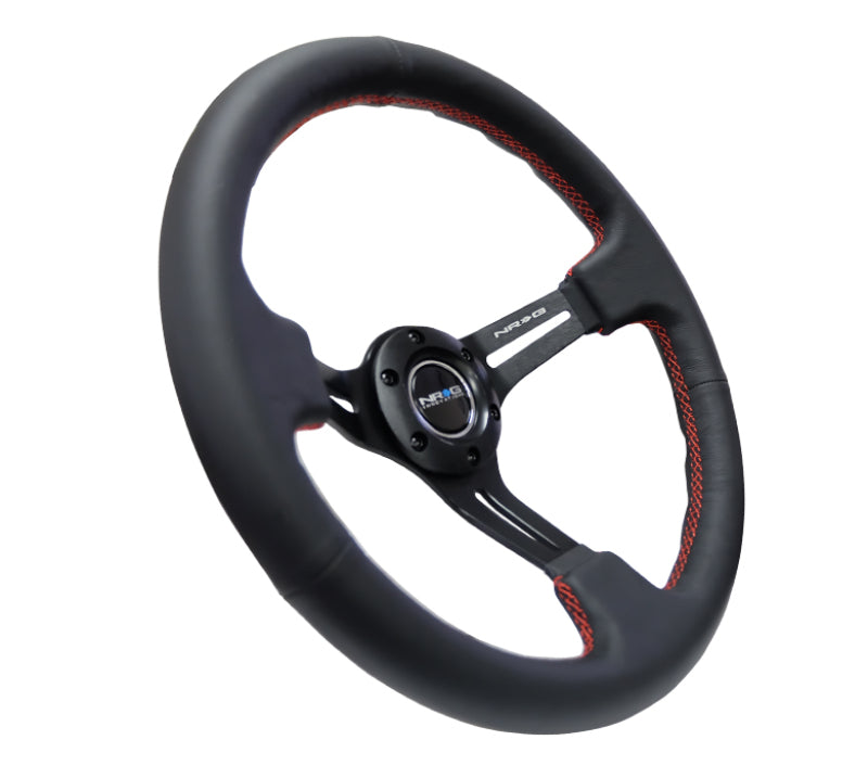 NRG Reinforced Steering Wheel Black Leather/Red Stitch 350mm/3in Deep Black 3-Spoke w/Slits