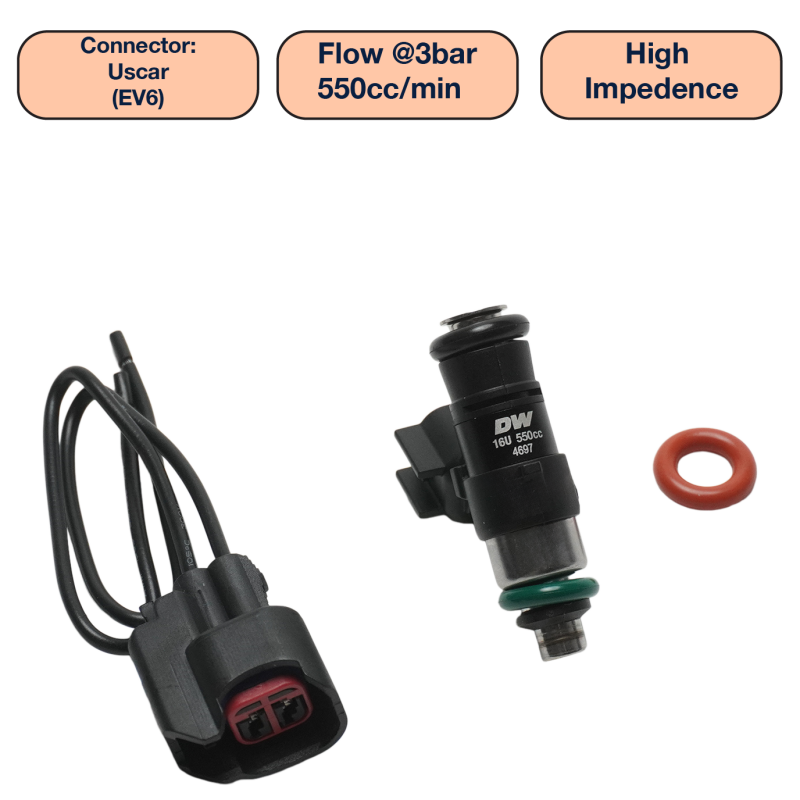 DeatschWerks DW550 Universal Single Fuel Injector - 550cc, 34mm Length, 14mm O-Rings