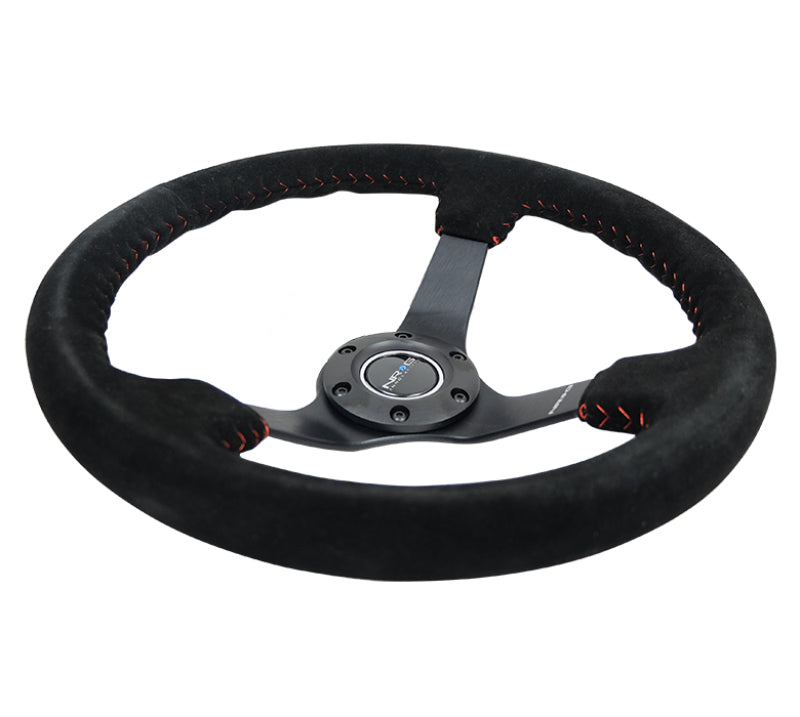 Nrg Reinforced Steering Wheel Blk Suede/Red BBall Stitch - 350mm/3in Deep - 5mm Matte Blk Spokes