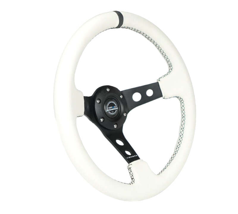 NRG Innovations Reinforced 350mm Deep Dish Steering Wheel - White Leather - Black Spoke - White Stitch, image 4