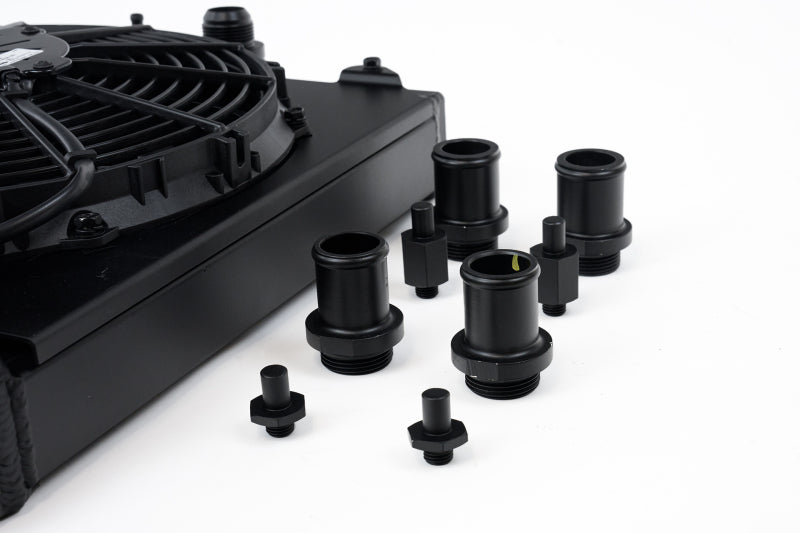 CSF Universal Half Radiator with 16AN Slip-On Fittings and 12in SPAL Fan Shroud Black Finish for 92-00 Honda Civic and Mitsubishi Evolution