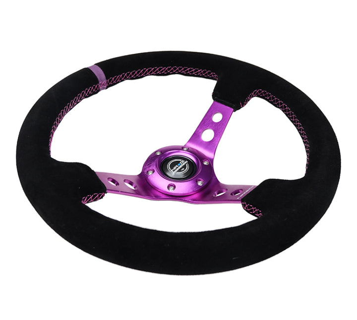 NRG Steering Wheel Reinforced Black Suede 350mm 3in Deep Purple Center Purple Stitching - OneFastShop