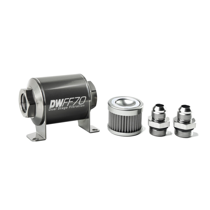 DeatschWerks Stainless Steel 8AN 10 Micron Universal Inline Fuel Filter Housing Kit 70mm