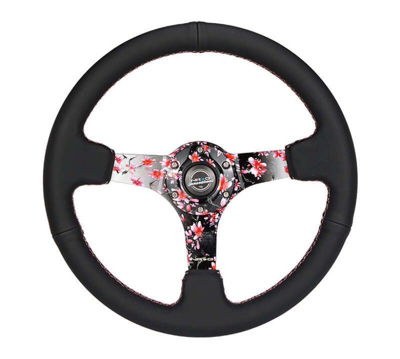 NRG Innovations Reinforced 350mm Deep Dish Steering Wheel - Sakura Floral Pink Suede