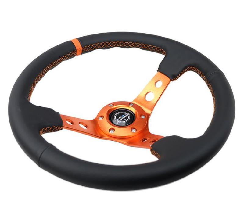 Nrg Steering Wheel, Reinforced (350mm/3in Deep) Black Leather, Orange Center Mark, Orange Stitching