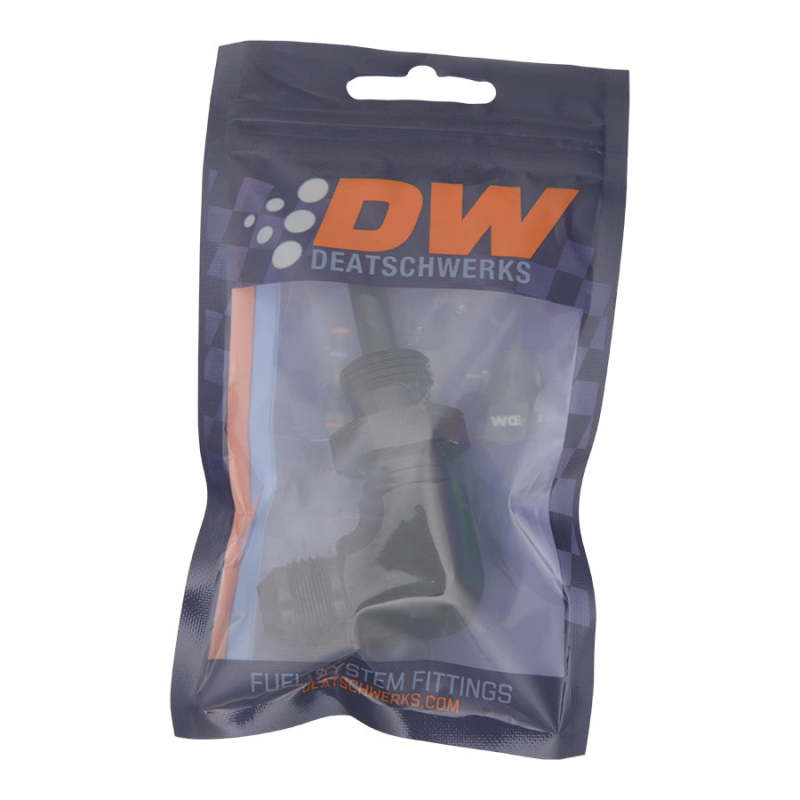 DeatschWerks 8AN Male Flare to 5/16in Male Barb Bulkhead Adapter 90-Degree Anodized Matte Black