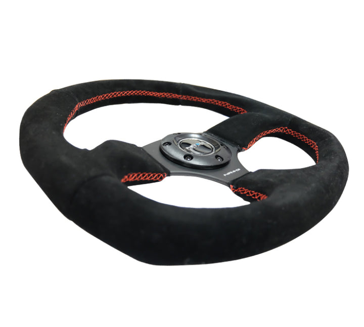NRG Reinforced Steering Wheel Suede w/Red Stitch 320mm Horizontal / 330mm Vertical - OneFastShop