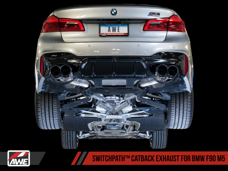 AWE Tuning 18-19 BMW F90 M5 SwitchPatch Cat-Back Exhaust- Black Diamond Tips.