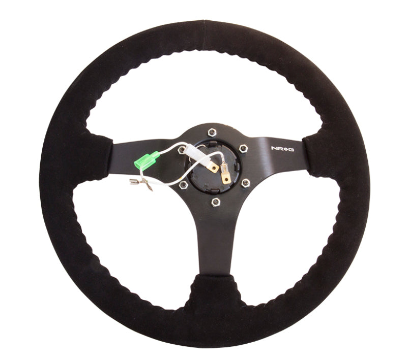 NRG Reinforced Steering Wheel 350mm 3in Deep Black Suede with Black BBall Stitch Odi Bakchis Edition