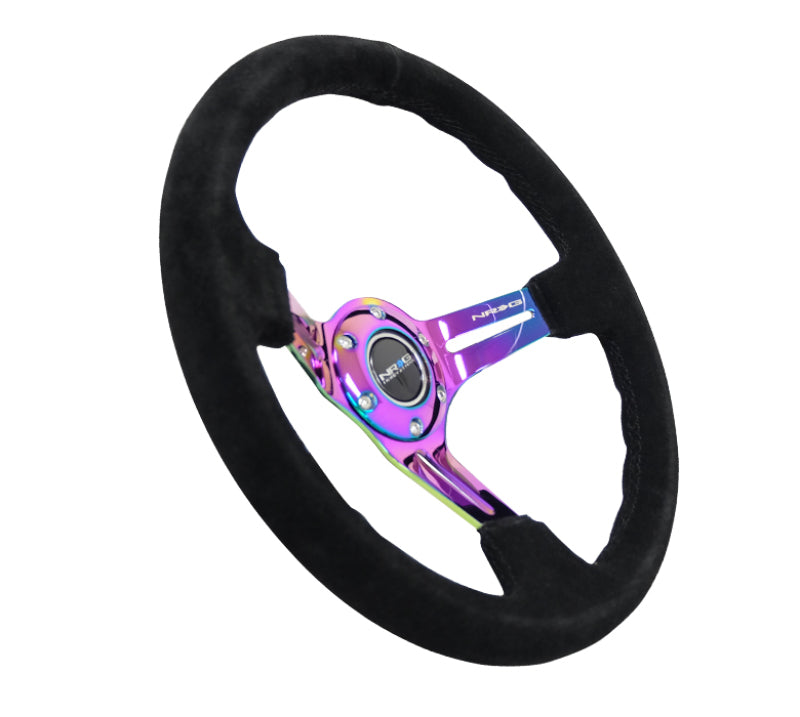 Nrg Reinforced Steering Wheel 350mm 3in Deep Blk Suede Blk Stitch w/Neochrome Slits - OneFastShop