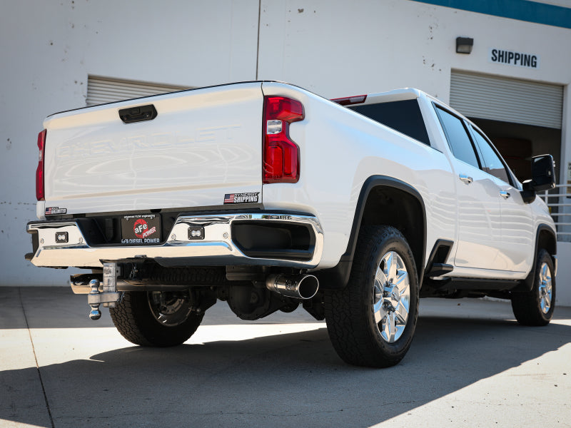 aFe Large Bore-HD 4in 409SS DPF-Back Exhaust System for 20 GM Diesel Trucks V8-6.6L – with Polished Tips