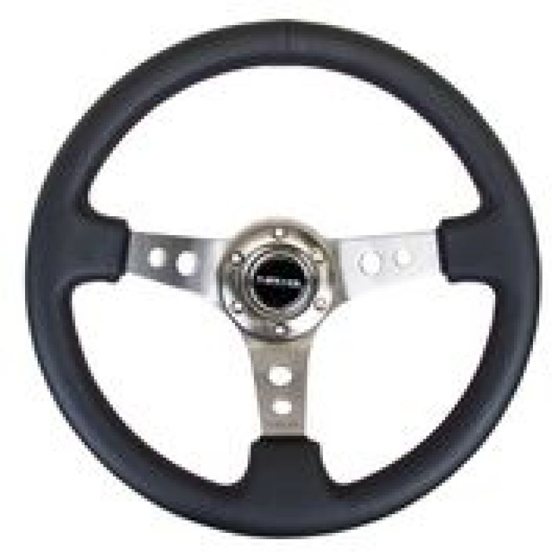 NRG Reinforced Steering Wheel with Black Leather and Gunmetal Circle Cutout Spokes