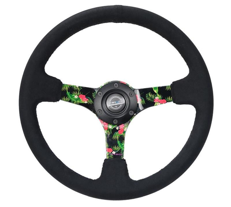 NRG Reinforced Steering Wheel Black Suede 350mm Deep Floral 3-Spoke Center - OneFastShop