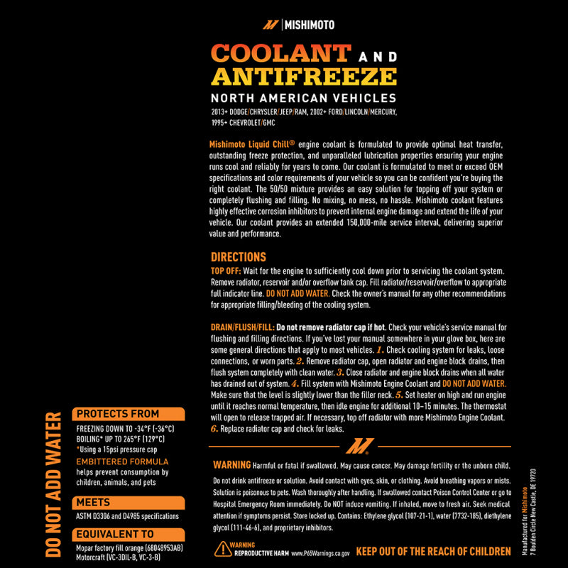 Mishimoto Liquid Chill EG Coolant - Orange, North American Vehicles