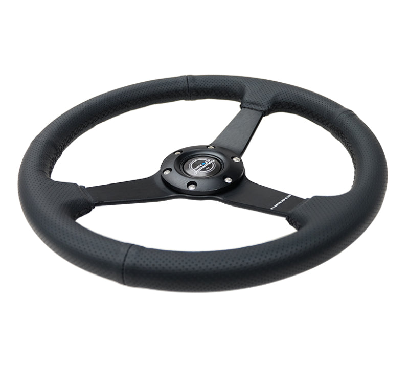 NRG Sport Steering Wheel – (350mm 1.5 in.) Black Leather Black Stitch Black Spokes - OneFastShop