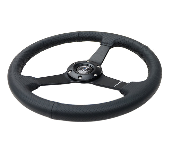 NRG Sport Steering Wheel – (350mm 1.5 in.) Black Leather Black Stitch Black Spokes - OneFastShop