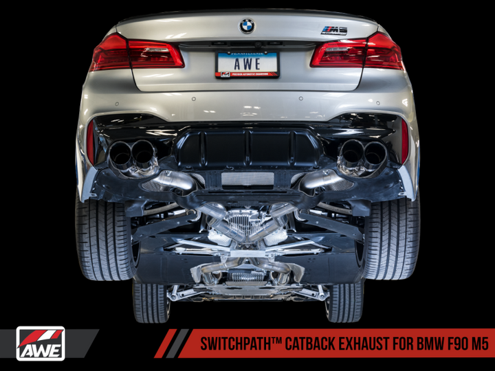 AWE Tuning 18-19 BMW F90 M5 SwitchPatch Cat-Back Exhaust- Black Diamond Tips.