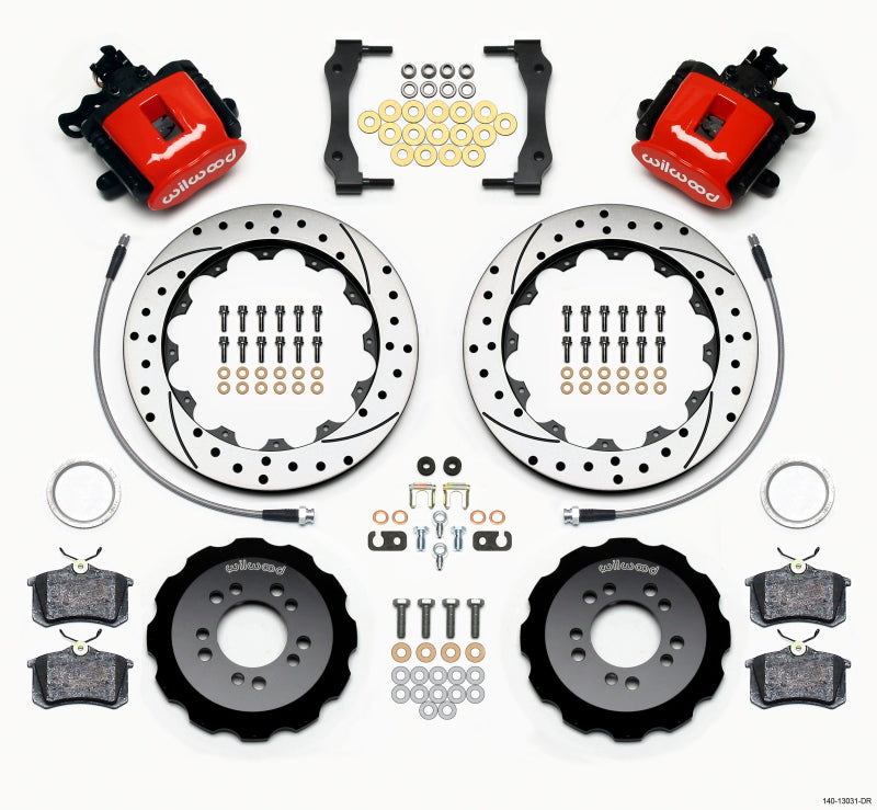 Wilwood Combination Parking Brake Rear Kit 12.88in Drilled Red 2013-2014 Ford Focus ST w/ Lines