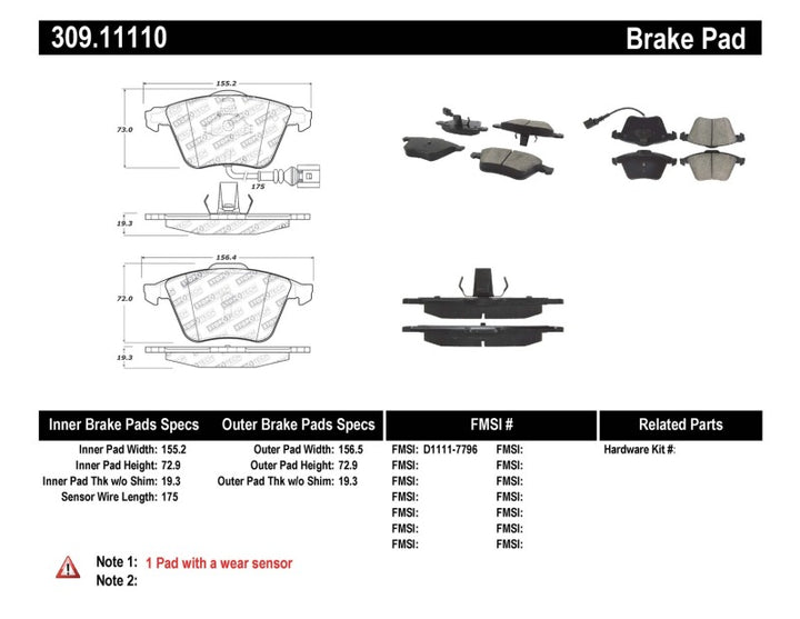 StopTech Performance Front Brake Pads for 08-13 Audi TT Quattro / 12 VW Golf R with High Heat Resistance and Linear Response - OneFastShop