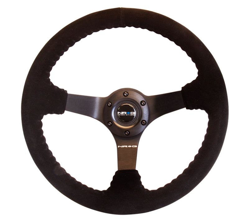 NRG Reinforced Steering Wheel 350mm 3in Deep Black Suede with Black BBall Stitch Odi Bakchis Edition