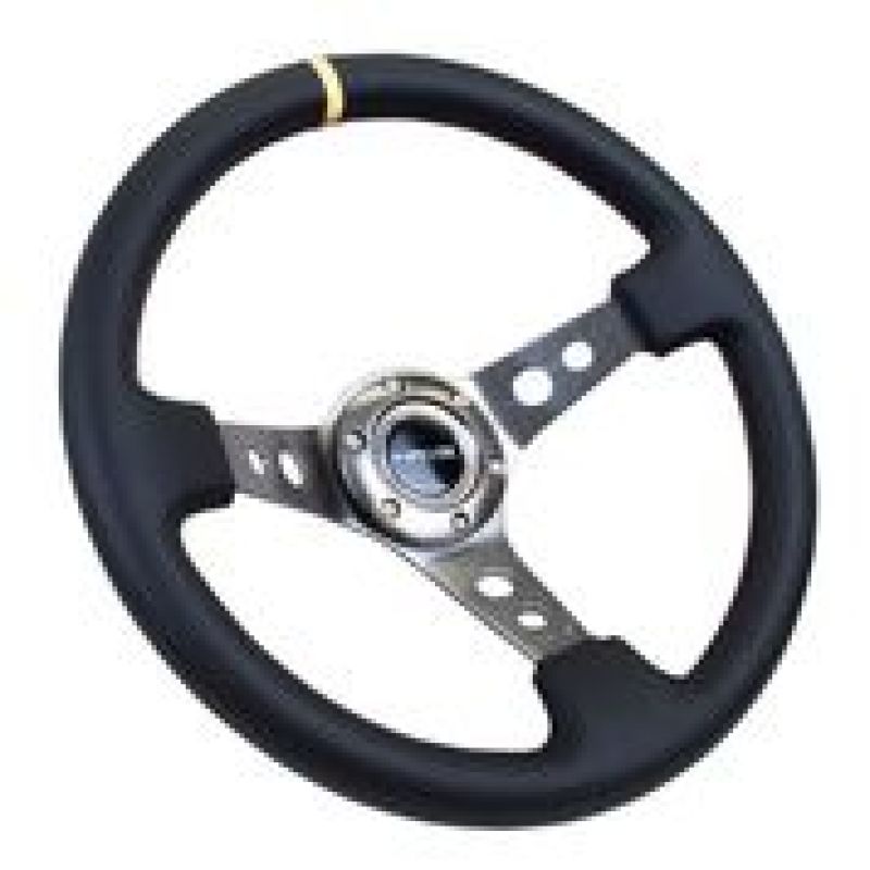 NRG Reinforced Steering Wheel with Black Leather/Gunmetal Spoke - 350mm - Yellow CM - OneFastShop