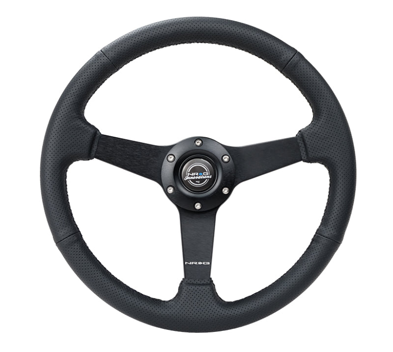 NRG Sport Steering Wheel – (350mm 1.5 in.) Black Leather Black Stitch Black Spokes - OneFastShop