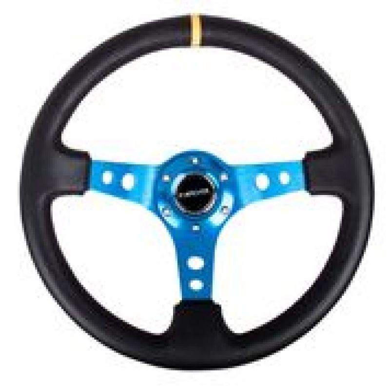 Nrg Reinforced Steering Wheel 350mm 3in Deep Black Leather Blue Circle Cutout Spokes - OneFastShop