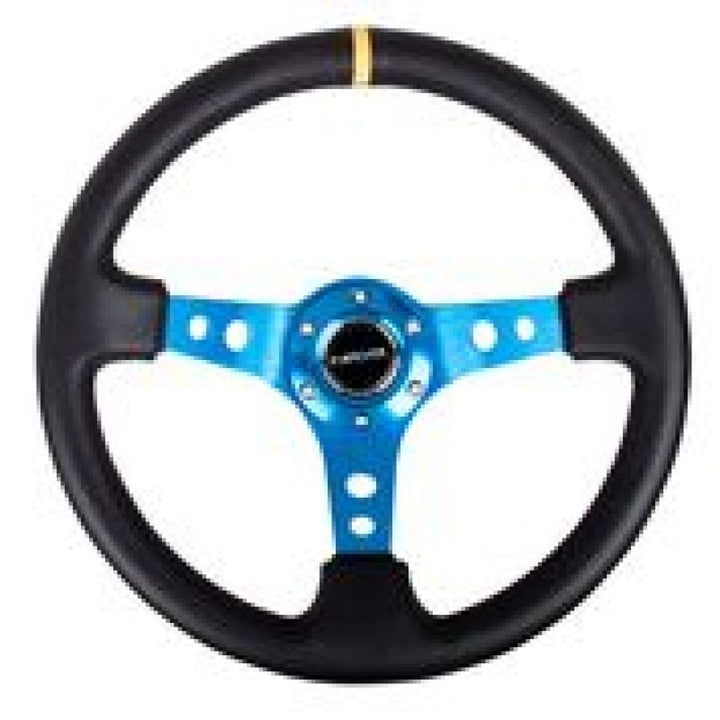 NRG Reinforced Steering Wheel with Black Leather & Blue Cutout Spoke - OneFastShop