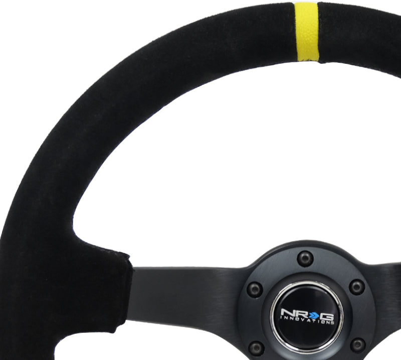 NRG Reinforced Steering Wheel with Blk Suede/X-Stitch (350mm / 3in. Deep) - Black Spoke & Yellow CM