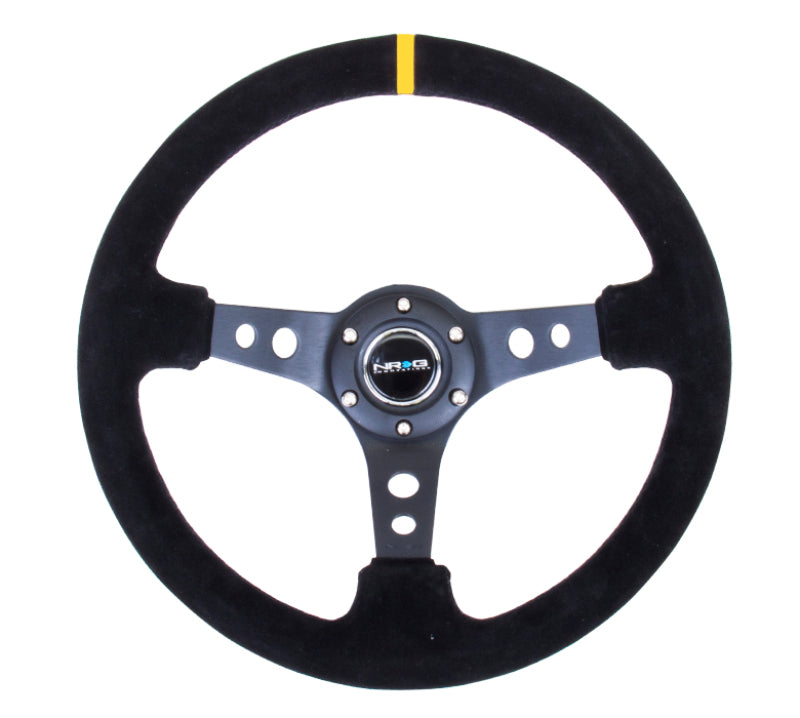 NRG Reinforced Steering Wheel with Black Suede and Yellow Center Marker (350mm / 3in. Deep) - OneFastShop