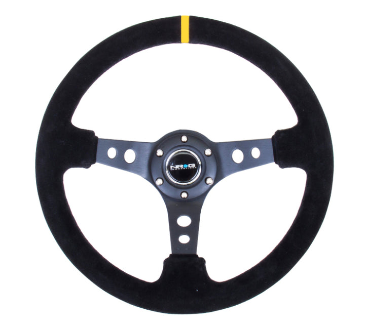 NRG Reinforced Steering Wheel with Black Suede and Yellow Center Marker (350mm / 3in. Deep) - OneFastShop