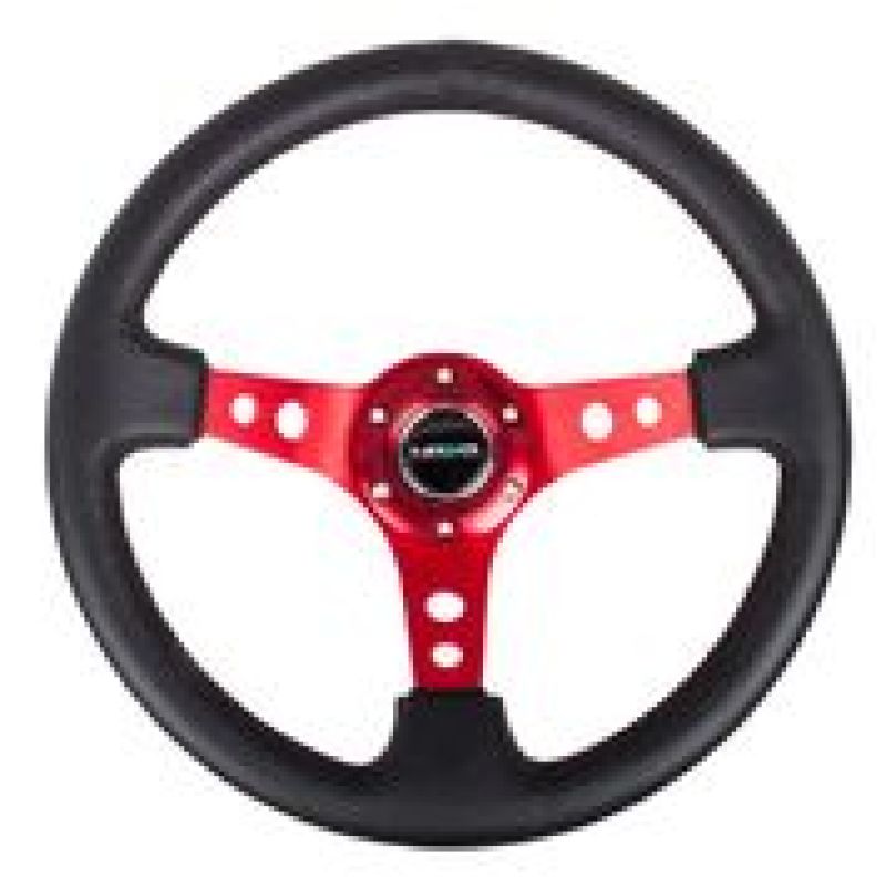 Nrg Reinforced Steering Wheel (350mm / 3in Deep) Black Leather with Red Circle Cutout Spokes - OneFastShop