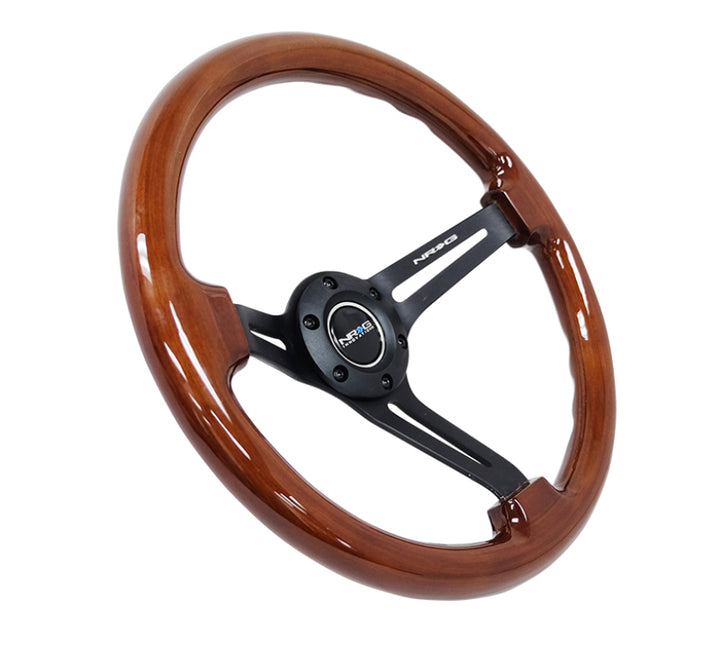 Nrg Reinforced Steering Wheel Brown Wood 350mm 3in Deep Black Matte Spoke Black Center Mark - OneFastShop