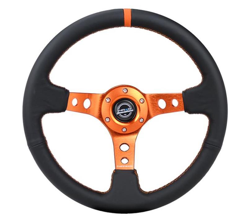 Nrg Steering Wheel, Reinforced (350mm/3in Deep) Black Leather, Orange Center Mark, Orange Stitching
