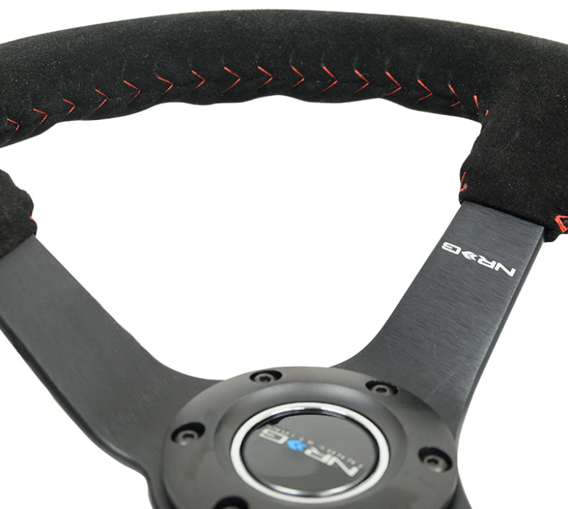 Nrg Reinforced Steering Wheel Blk Suede/Red BBall Stitch - 350mm/3in Deep - 5mm Matte Blk Spokes - OneFastShop