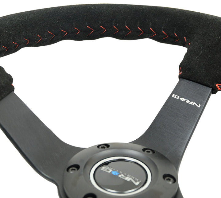 Nrg Reinforced Steering Wheel Blk Suede/Red BBall Stitch - 350mm/3in Deep - 5mm Matte Blk Spokes - OneFastShop