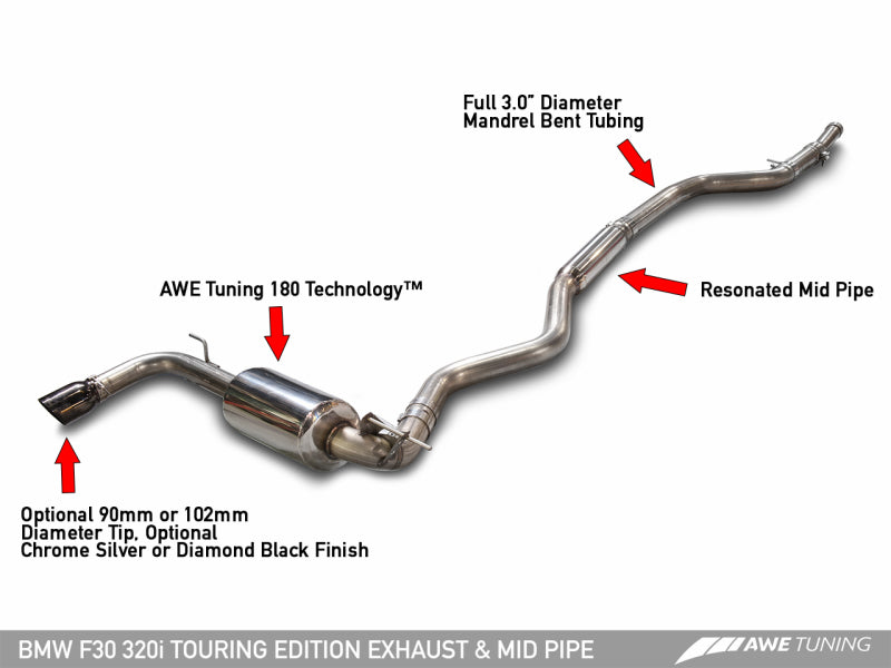 AWE Tuning BMW F30 320i Touring Exhaust w/Performance Mid Pipe - Diamond Black Tip (90mm).